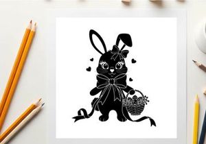 Adorable silhouette bunny with bow and basket silhouette
