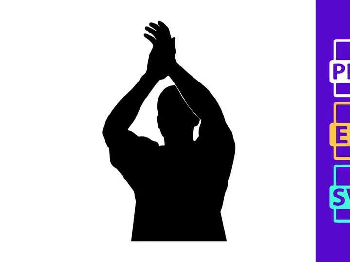 A person standing in a dynamic pose with arms raised above their head in silhouette