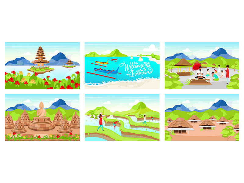 Indonesia flat vector illustrations set