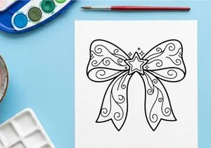 Christmas gift bow line art illustration with a decorative star and swirl patterns