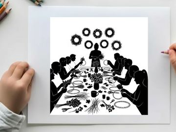 Silhouette of people gathered around a festive holiday dinner table with wreaths preview picture