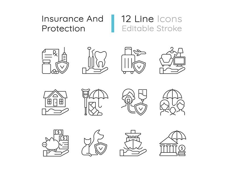 Insurance and protection linear icons set