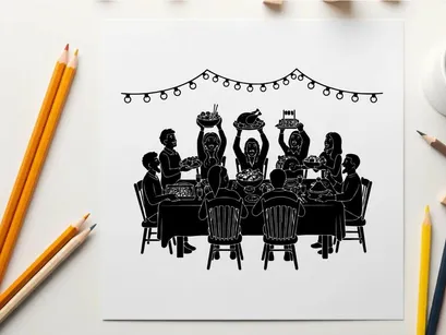 Silhouette of people celebrating with food and lights at a dinner table