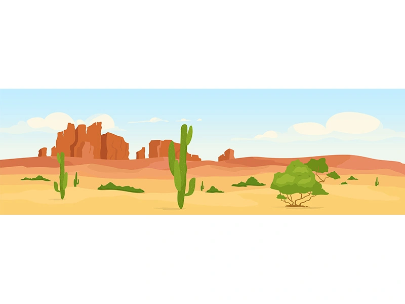 Western dry desert at day time flat color vector illustration