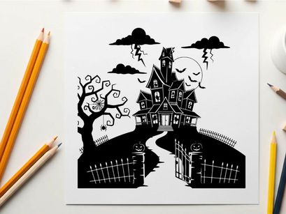 A silhouette of a spooky haunted house on a hill with clouds and bats