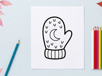 Hand-drawn Halloween mitten with ghost and moon design. Spooky knitted glove illustration for festive crafts and seasonal decor.