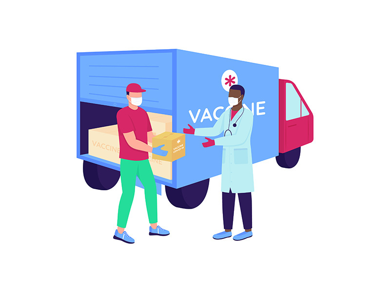 Vaccine courier with doctor flat color vector faceless characters
