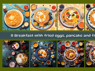 Breakfast with fried eggs, pancake and fruits preview picture