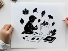 Silhouette of child collecting leaves with squirrel and book