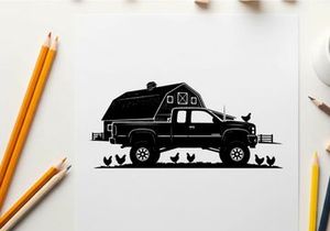 Silhouette of a pickup truck and barn with chickens