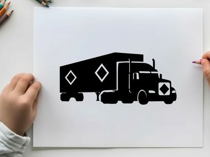 Black silhouette of a large truck with trailer and diamond shapes