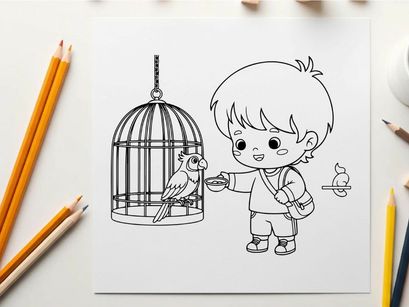 Boy feeding bird in cage flat design vector illustration
