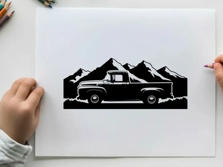 Silhouette of a vintage pickup truck in front of majestic mountain range silhouette