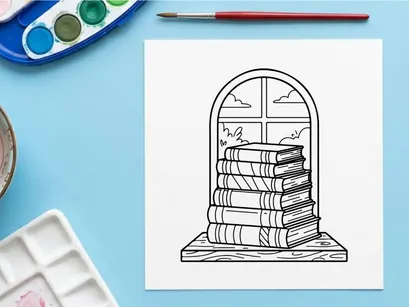 Stacked vintage books in arched Christmas Day cross niche with festive holiday glow