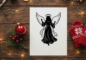 Black silhouette of a Christmas angel with wings and halo isolated on white background