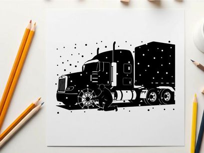 Silhouette of a semi truck driving in the snow