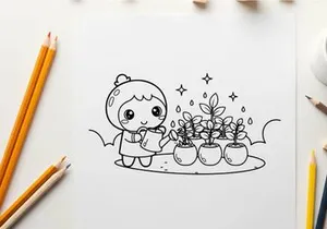 Cute robot watering plants flat design vector illustration