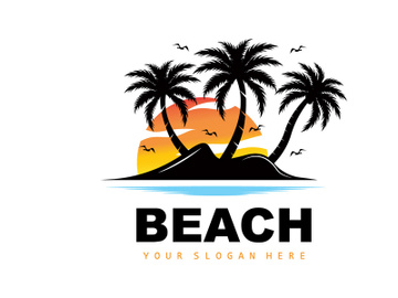 Coconut Tree Logo With Beach Atmosphere, Beach Plant Vector, Sunset View Design preview picture