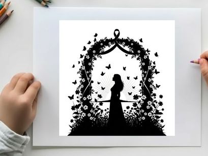 Silhouette of a woman standing in a floral archway with butterflies