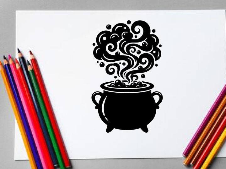 Black and White Illustration of a Steaming Cauldron with Swirling Smoke