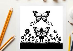Silhouette of girl with butterfly and flowers and ribbons silhouette