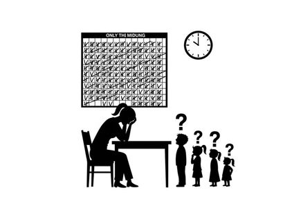Silhouette of a woman struggling with a crossword puzzle and children