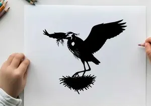 Silhouette of a bird building nest with twigs and branches