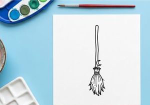 Witch broomstick icon with crescent moon. Magic broom line art for Halloween design.