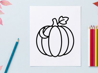 Hand-drawn Halloween pumpkin illustration. Classic jack-o-lantern sketch with leafy vine for seasonal decor and crafts.