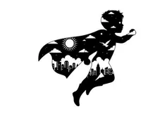 Superhero child silhouette with cityscape vector illustration