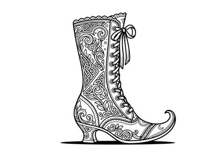 Elegant fantasy boot illustration for fashion design. Ornate gothic footwear with intricate lace patterns and curled toe detail.