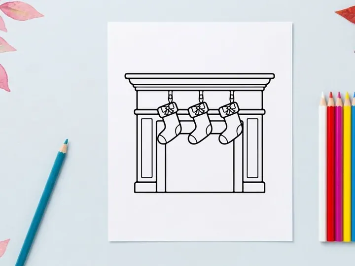 Line art illustration of Christmas stockings hanging on a fireplace
