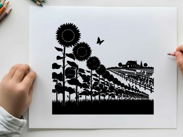 Sunflower field silhouette with farmhouse and butterfly