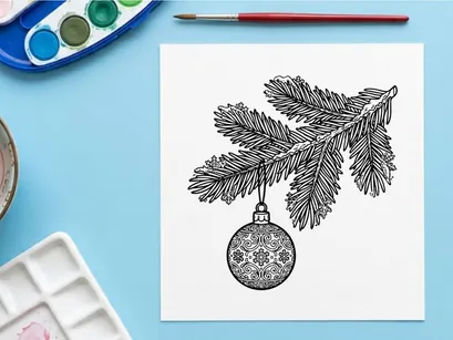 Christmas tree branch with hanging decorative bauble ornament sketch illustration
