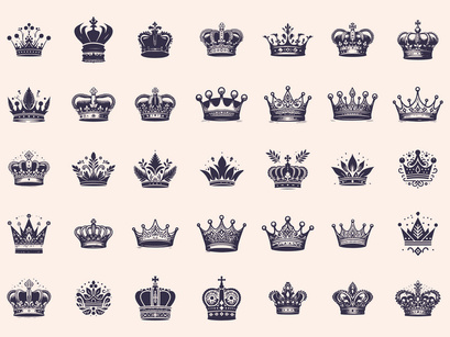 Royal Crown Silhouette, Retro King Crown Icons.