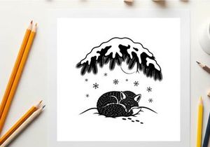 Sleeping cat under snowy mountain silhouette