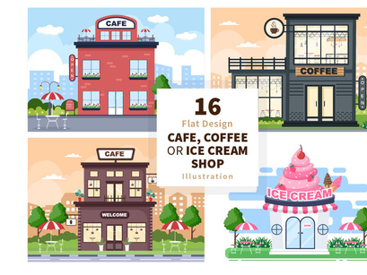 16 Coffeehouse, Cafe or Ice Cream Shop Illustration