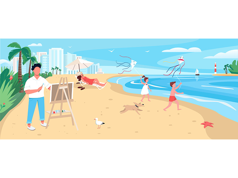 Artist painting at exotic sandy beach flat color vector illustration