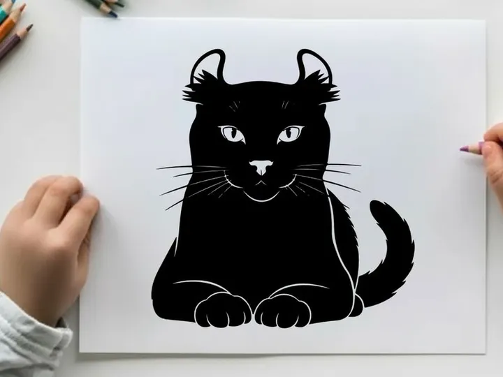 Silhouette of a black cat sitting on the ground looking forward