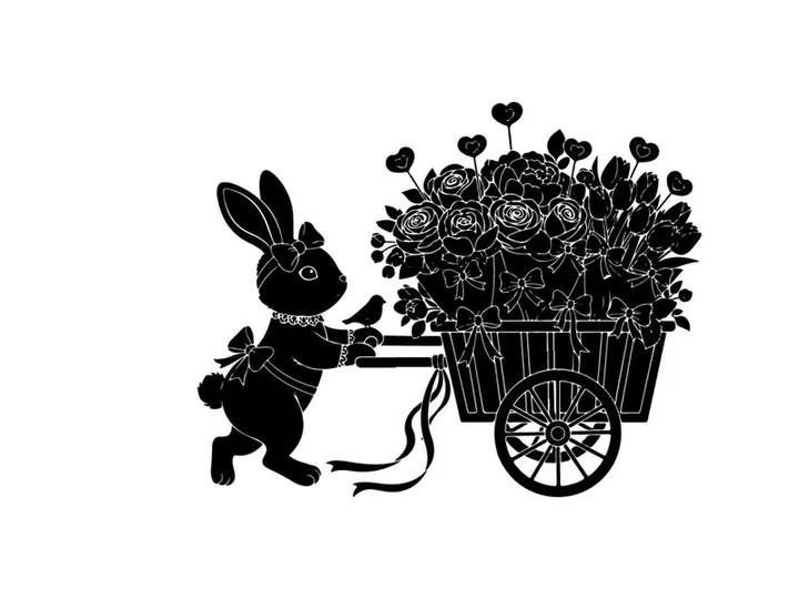 Silhouette of a bunny pushing a flower cart with heart shaped blooms