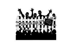 Silhouette of zombies behind a caution tape fence with a crowd