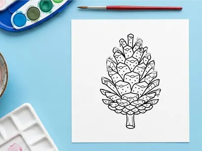 Ilustrasi seni garis pinus. Sketsa botani tangan dari biji konifer.