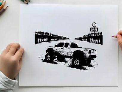 Silhouette of a lifted truck with people in the background silhouette