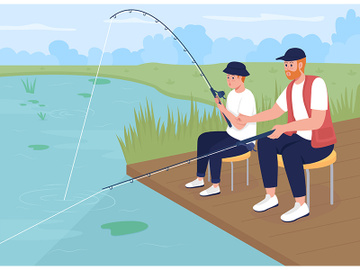 Fishing with teenager son flat color vector illustration preview picture