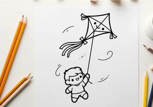 Child flying kite happy outdoor play vector illustration