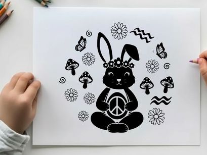 Peaceful silhouette bunny in flowers and mushrooms