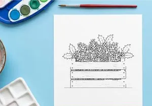 Christmas pine cones and holly leaves in a wooden crate line art illustration