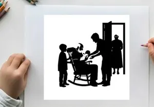 Silhouette of a family in a domestic scene with a barbers chair