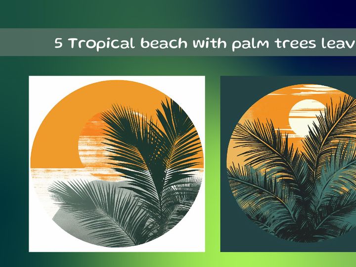 Tropical beach with palm trees leaves