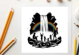 Silhouette of family enjoying a beautiful rainbow and waterfall
